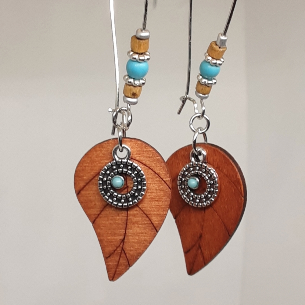 NEW Long Beaded Boho Dangle Earrings Wood Leaf Southwestern Coastal Gypsy Style